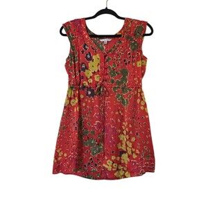 Cabi Blouse Women Small Red Floral V-Neck Drawstring Empire Waist Cap Sleeve